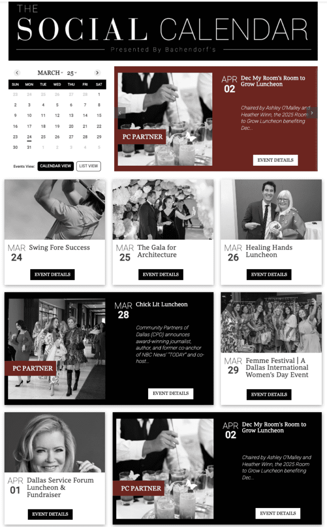 Dallas' The Social Calendar is presented by Bachendorf's. 